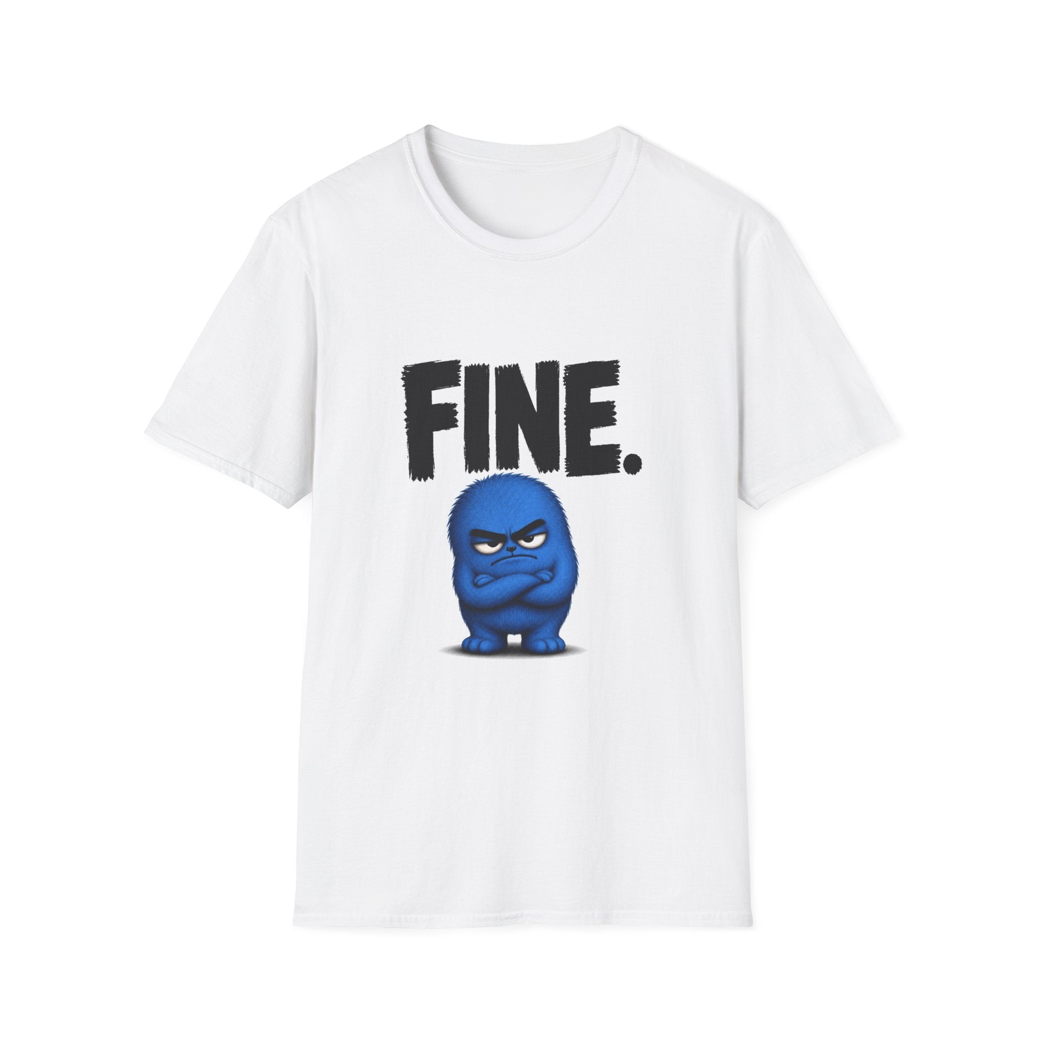T-Shirt — "FINE." Blue Grumpy Character Funny Graphic Tee