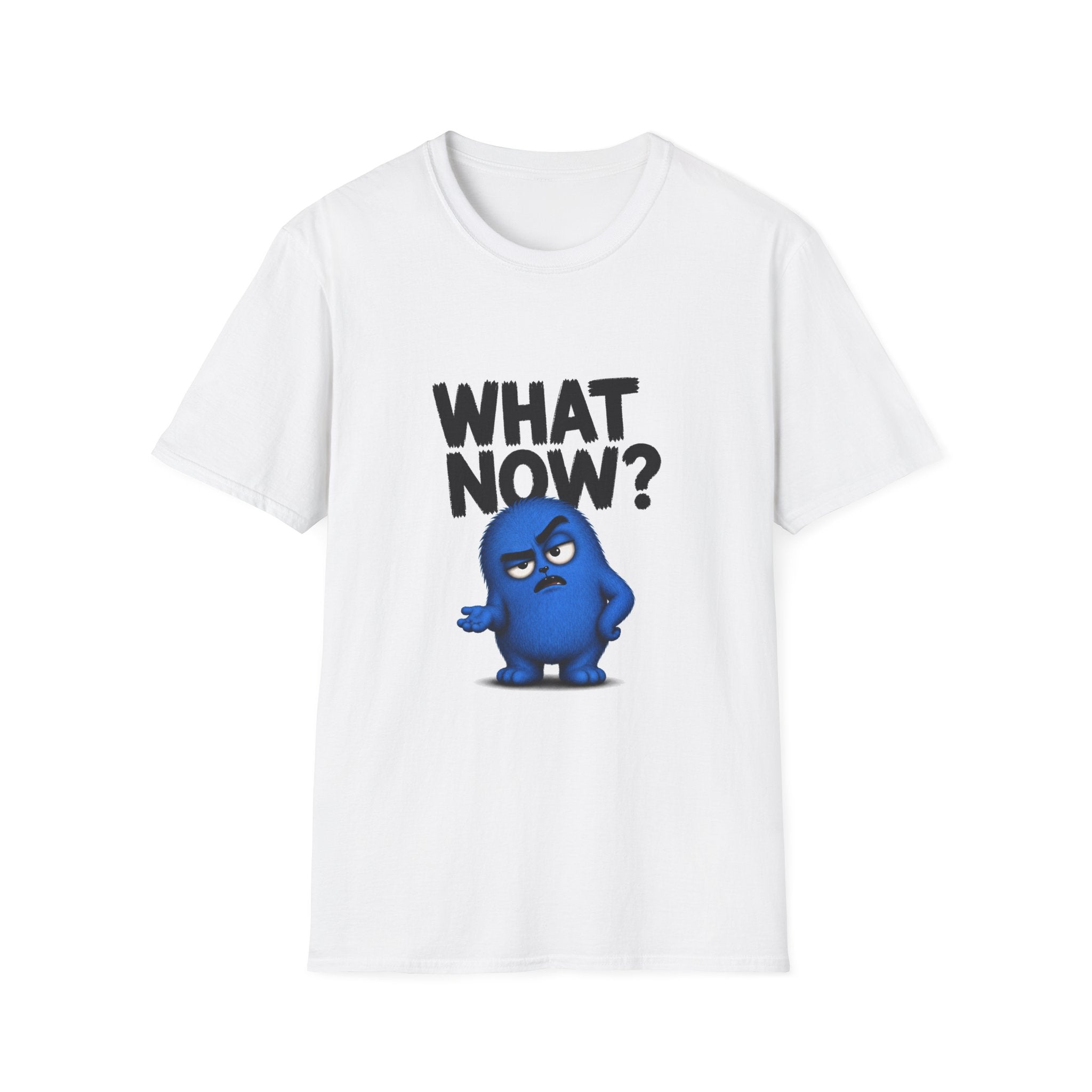 What Now? Blue Grumpy Character T-Shirt — Funny Expressive Graphic Tee